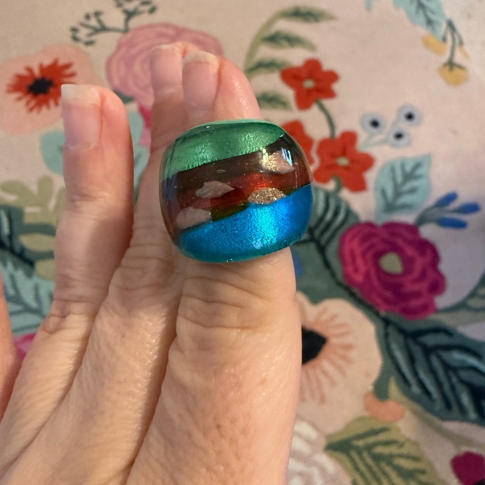 Murano Style Glass Dome Ring‎ Multi Color Green Blue Amber Gold Foil Size 3.5